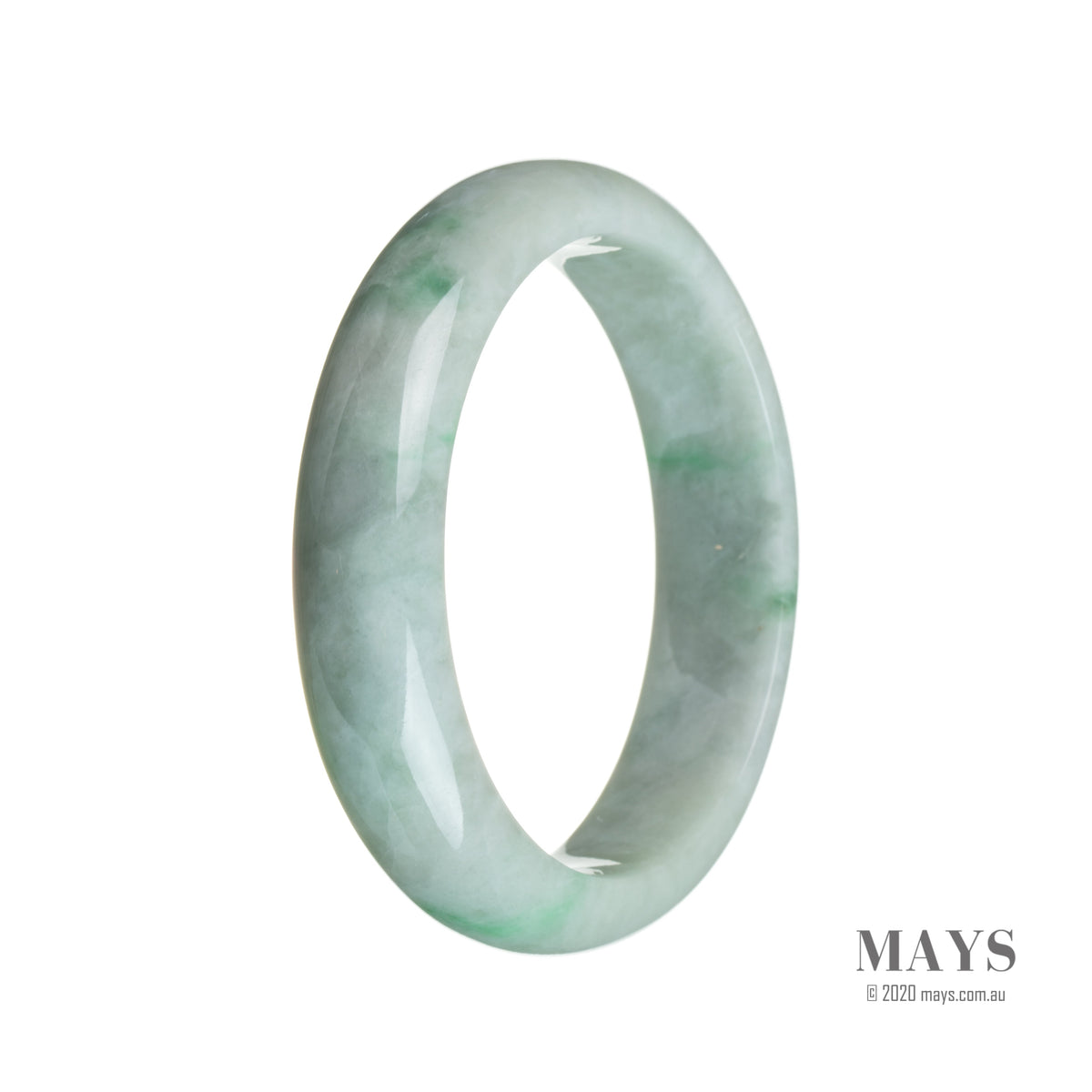 A close-up image of a beautiful green and white jadeite bangle bracelet. The bracelet is made from untreated jadeite, showcasing its natural and authentic beauty. The bangle features a half moon shape and has a diameter of 58mm. Perfect for adding a touch of elegance to any outfit.