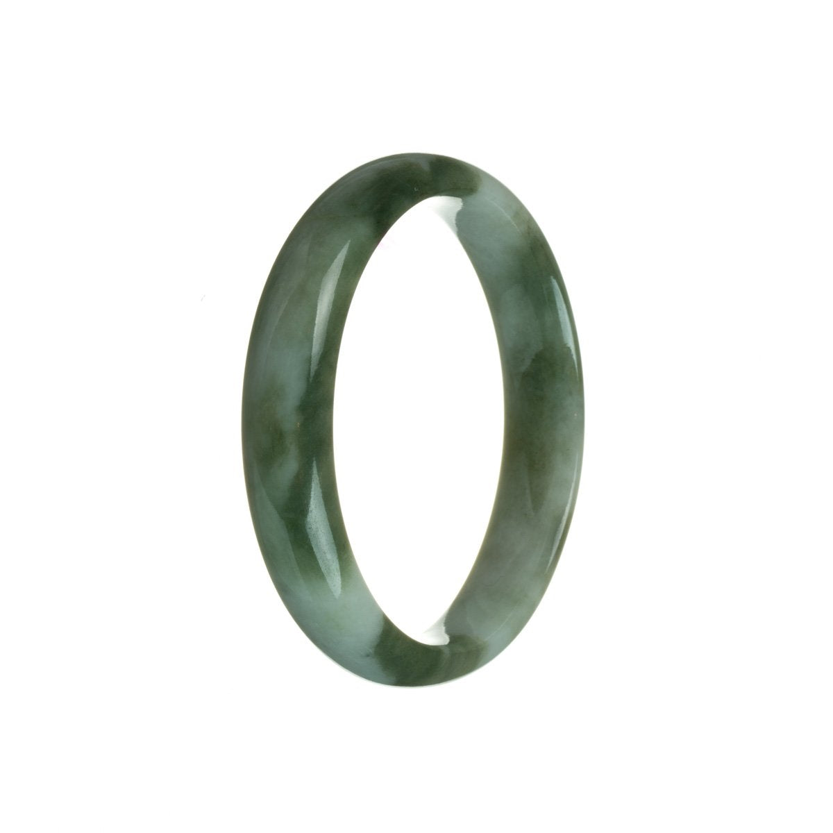 A half moon-shaped traditional jade bracelet with a real untreated green color and an intricate pattern.