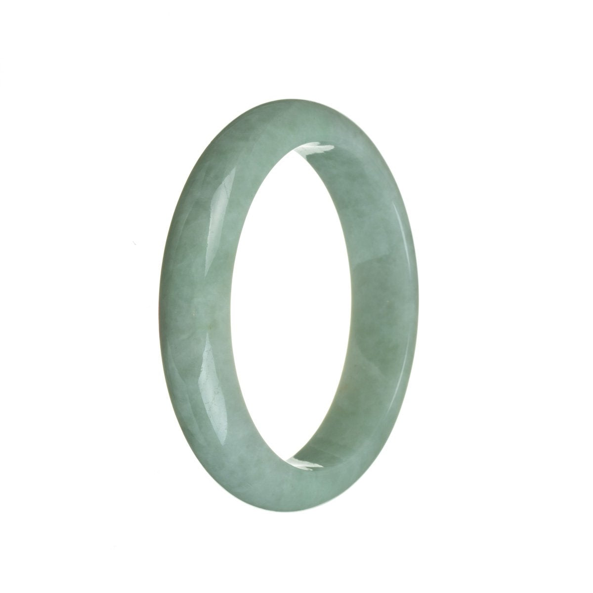 A close-up of a green jadeite jade bangle, with a smooth and semi-round shape, measuring 59mm in diameter. It is a genuine Type A jade, known for its vibrant green color and high quality. Perfect for adding a touch of elegance to any outfit.