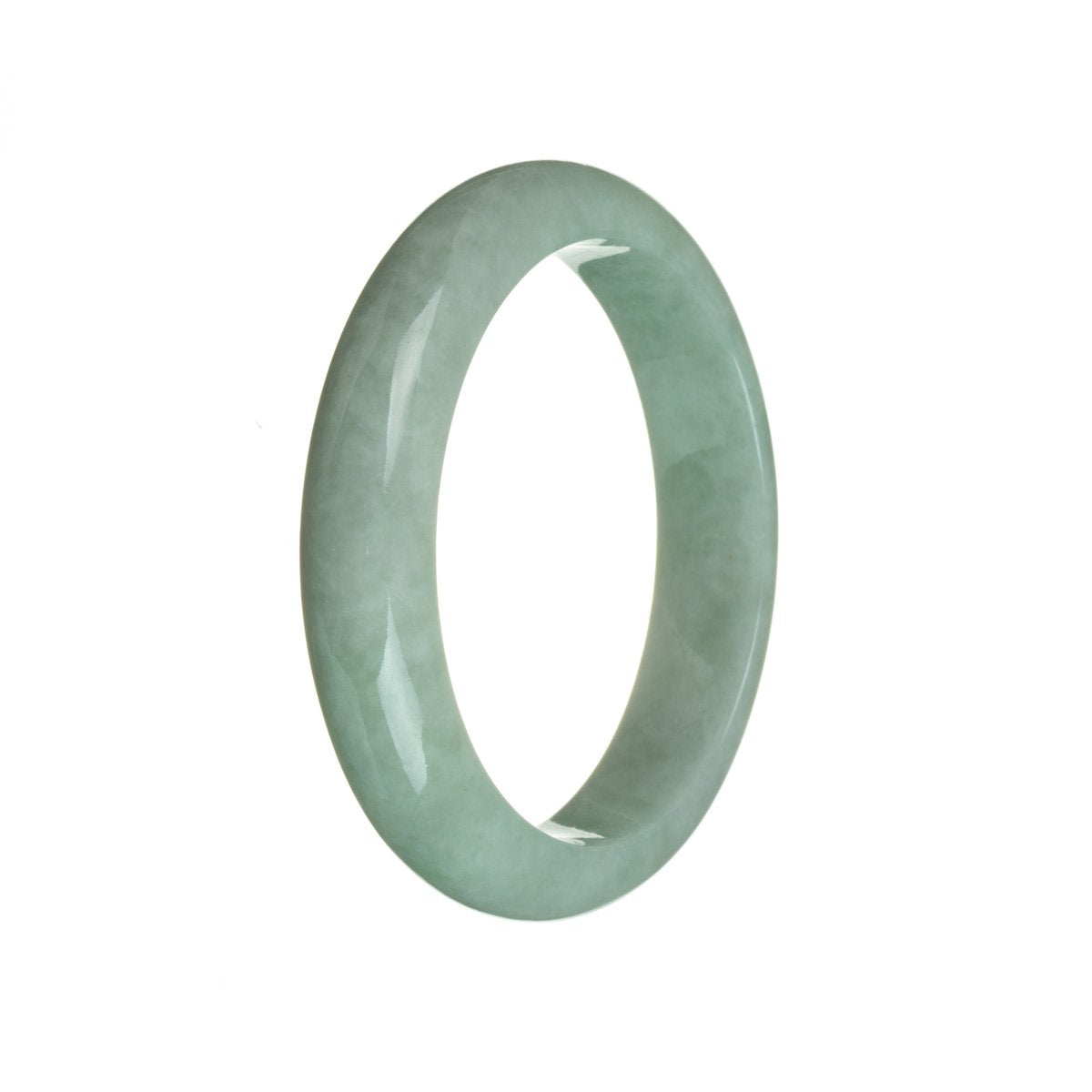 A close-up photograph of a green jadeite bangle. The bangle is semi-round in shape and has a smooth, polished surface. The green color of the jadeite is vibrant and rich, with slight variations in tone. The bangle appears to be of high quality and is certified as untreated, ensuring its genuine and natural properties. It measures 59mm in diameter, making it suitable for a medium-sized wrist. The brand name "MAYS" is also mentioned, indicating the manufacturer or seller of the bangle.