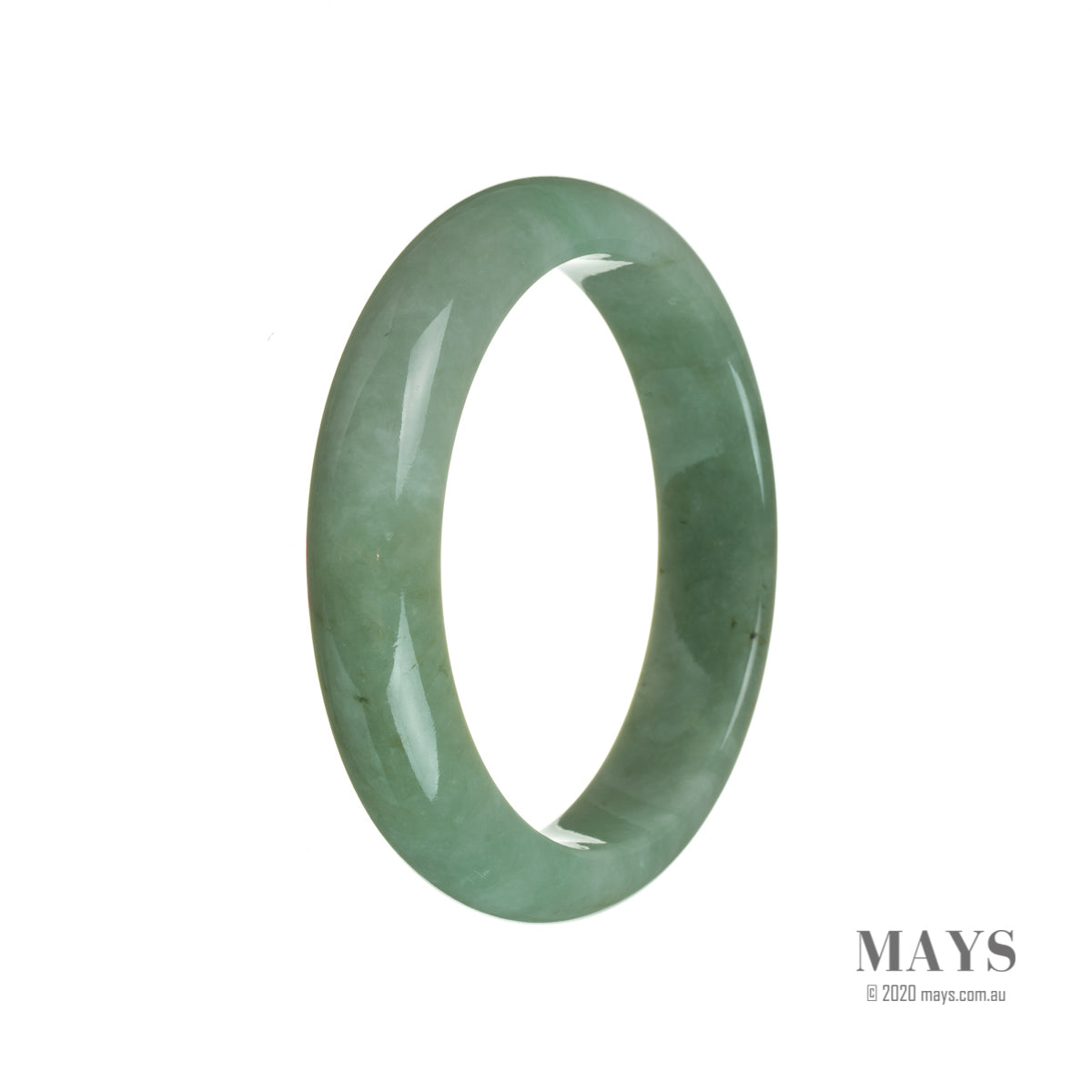 A close-up photo of a beautiful, green jade bangle with a semi-round shape. It is made from genuine natural green Burma jade and measures 58mm in diameter. The bangle is crafted with care and is a stunning accessory to add to any jewelry collection.