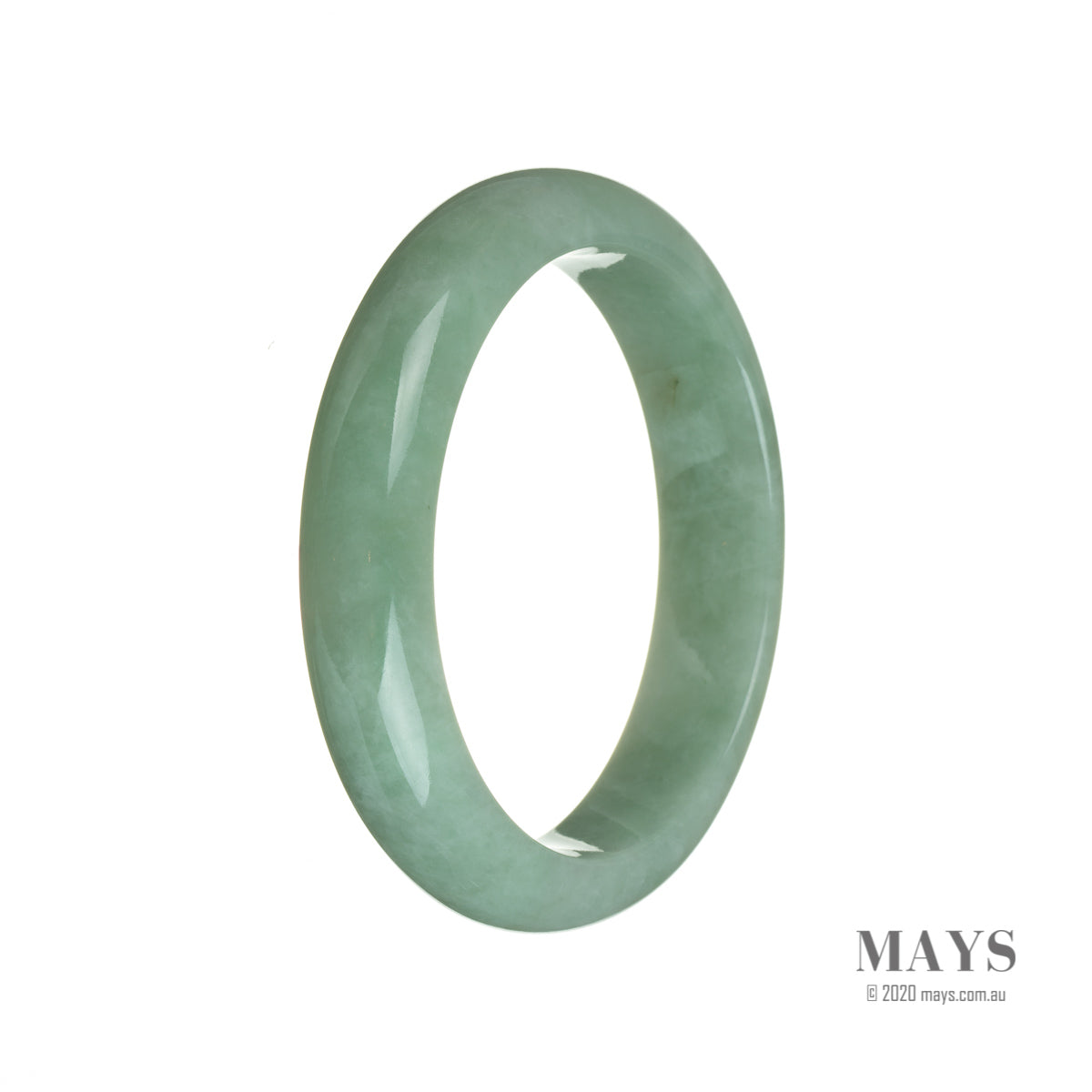 An image of a green jade bangle bracelet with a semi-round shape, measuring 59mm in size. This authentic grade A traditional jade bracelet is a timeless piece from MAYS GEMS.