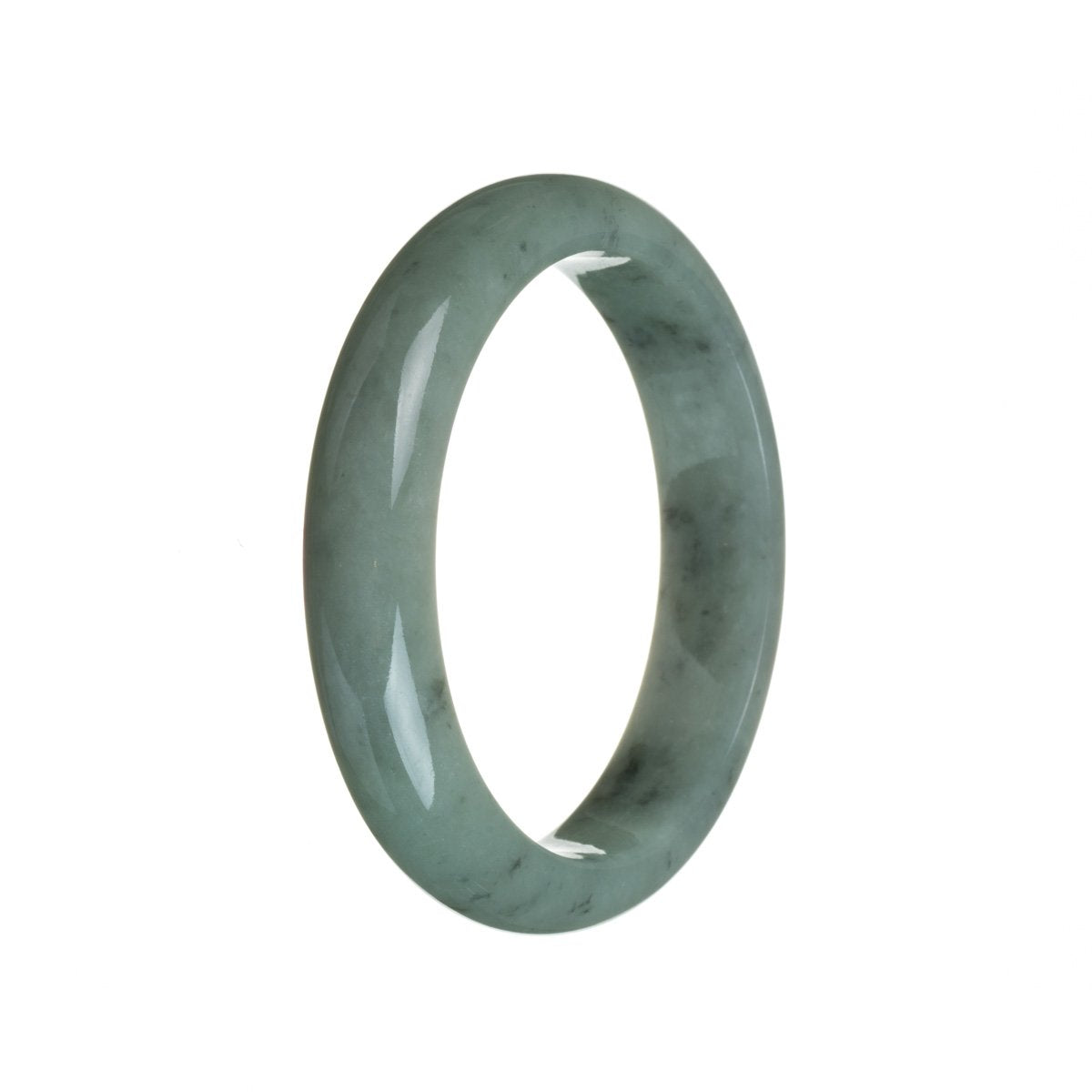 A close-up image of a real grade A grey traditional jade bracelet. The bracelet is 59mm in size and has a semi-round shape. It is a product of MAYS GEMS.