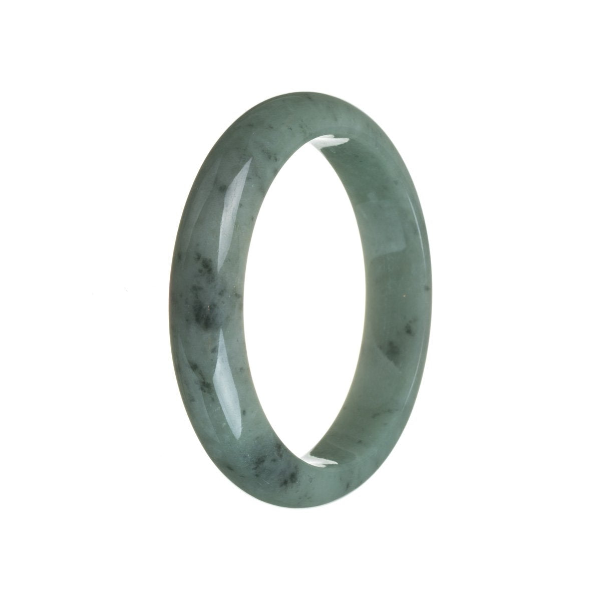 A close-up image of a grey jadeite bangle bracelet with a semi-round shape. The bracelet is made of authentic Grade A grey jadeite and measures 59mm in diameter. It is a beautiful piece of jewelry from Mays Gems.