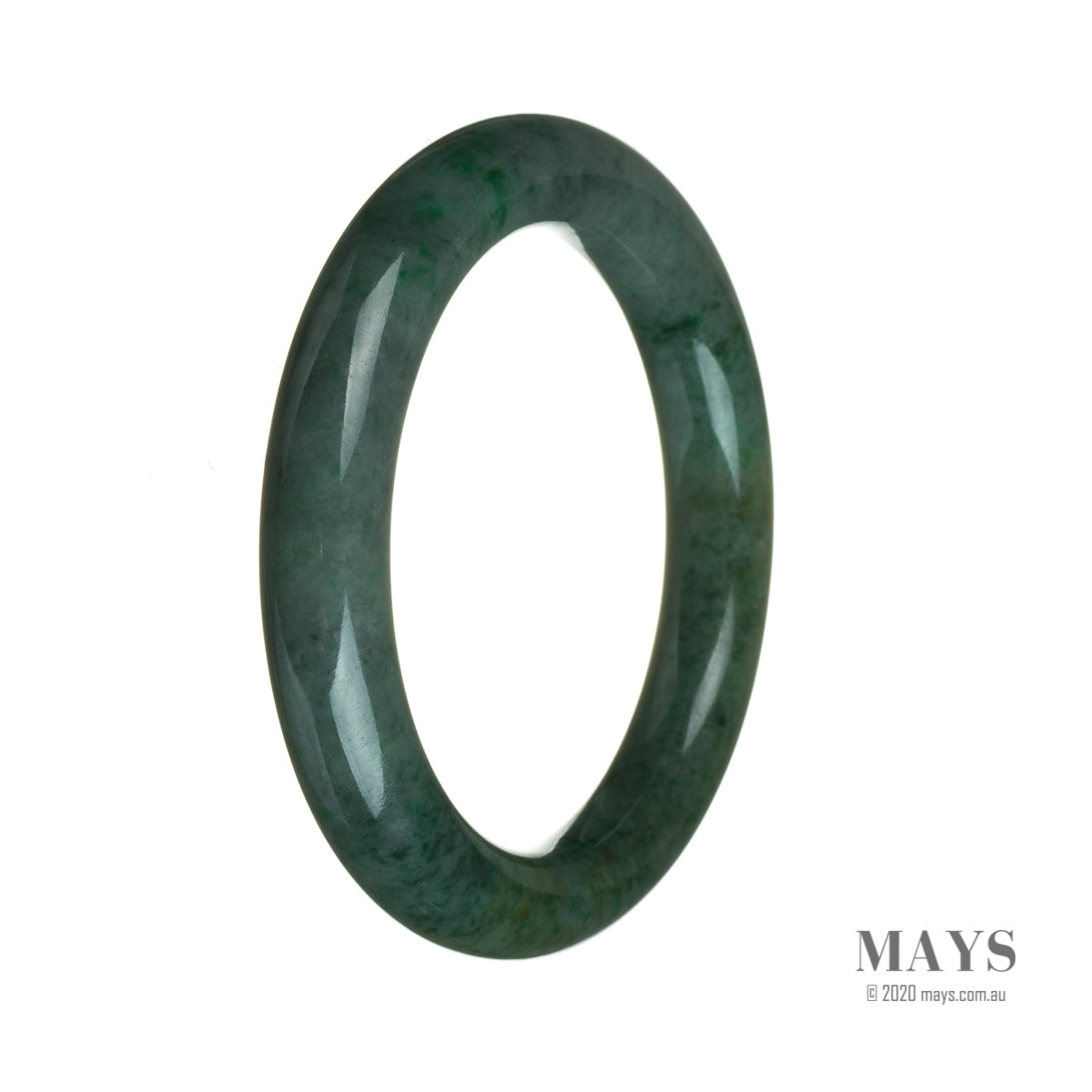 A round, 61mm genuine Type A deep green Burma jade bangle bracelet from MAYS GEMS.