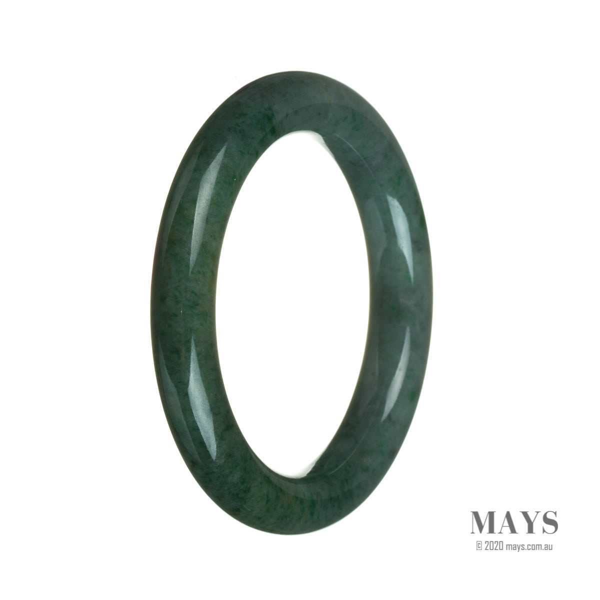 A round deep green jadeite jade bangle with a 61mm diameter, left in its natural untreated state.