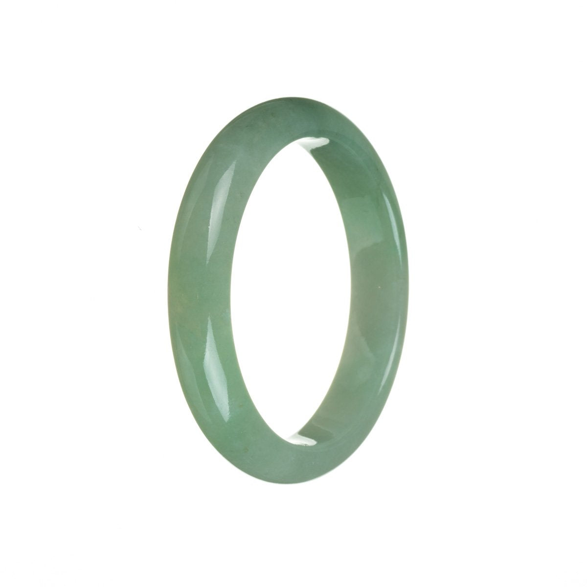 A half-moon shaped green Burmese jade bangle, 55mm in size, showcasing the untreated and natural beauty of the gemstone.