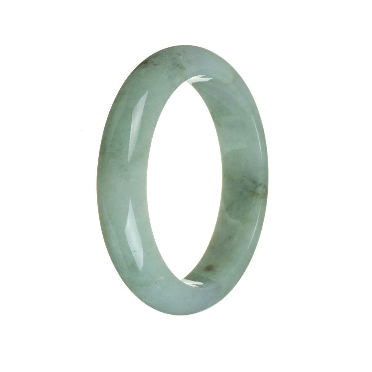 A beautiful light green Burma Jade bracelet with a semi-round shape, measuring 60mm in size. The bracelet is made of genuine and natural jade, showcasing its exquisite beauty. Perfect for adding a touch of elegance to any outfit.