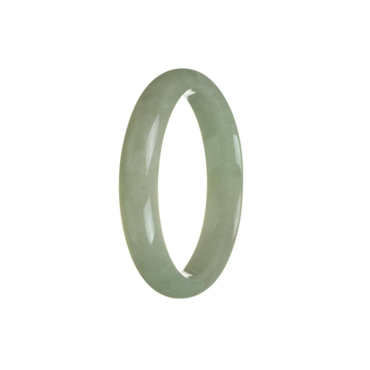 A close-up image of a half-moon shaped, genuine Type A Green Burma Jade bangle with a diameter of 57mm. The bangle has a smooth and polished surface, showcasing the beautiful green hue of the jade. It is a high-quality piece from MAYS™.