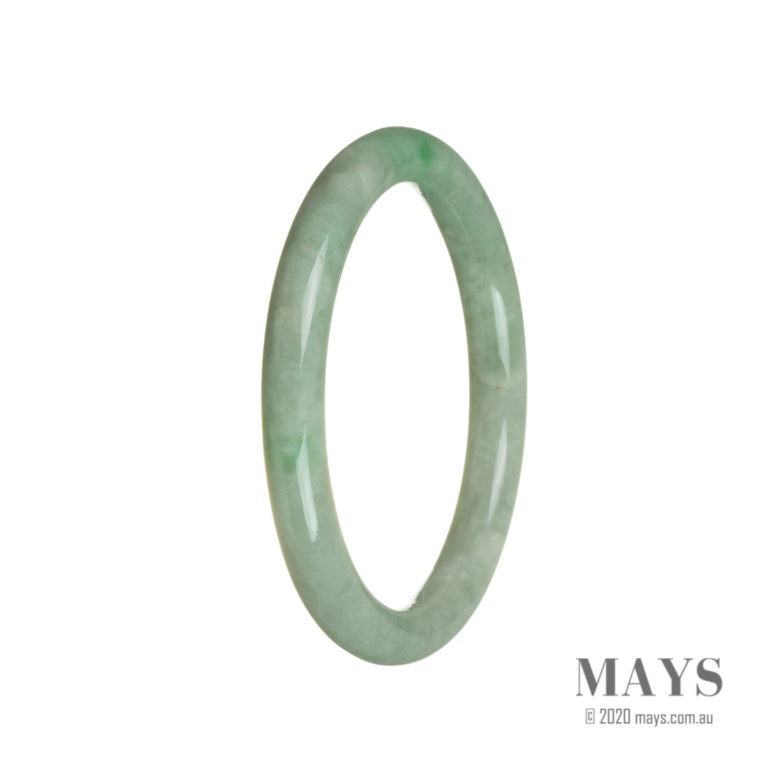 A round, genuine Grade A Green Jade bangle bracelet from MAYS GEMS, measuring 62mm in diameter.