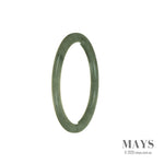 A close-up image of a delicate, thin green jadeite bracelet. The bracelet is made of genuine, untreated jadeite, showcasing its natural beauty. The jadeite beads are polished and smooth, reflecting light with a vibrant green hue. The bracelet has a 56mm circumference, making it a dainty and elegant accessory. It is a MAYS product, known for their high-quality jadeite jewelry.
