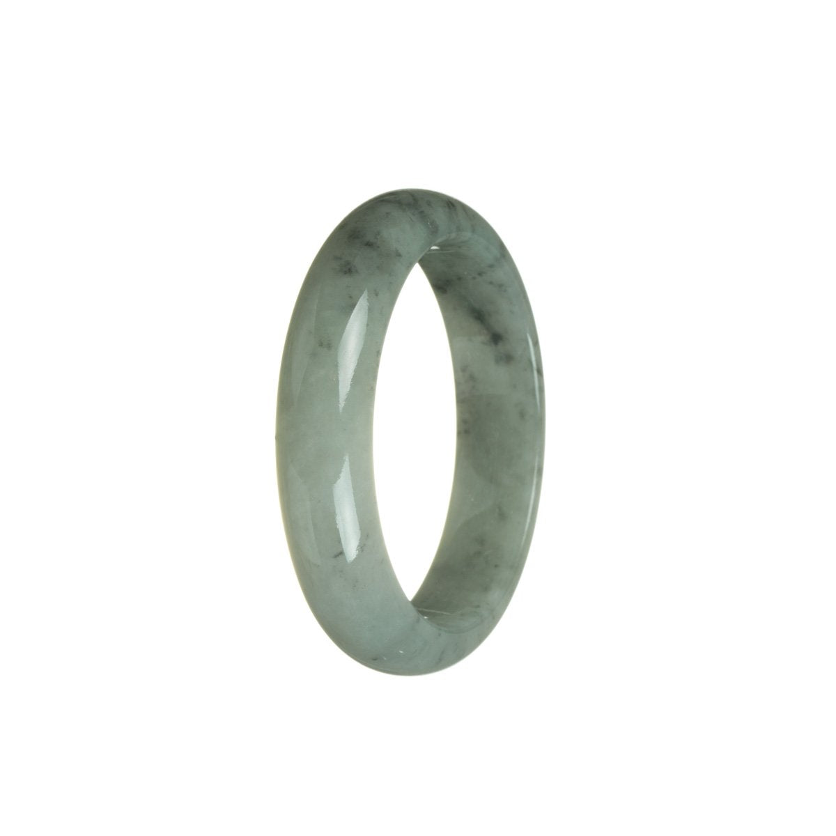A close-up image of a beautiful bracelet made from authentic natural green and grey Burma jade. The bracelet features a 52mm half-moon shape.