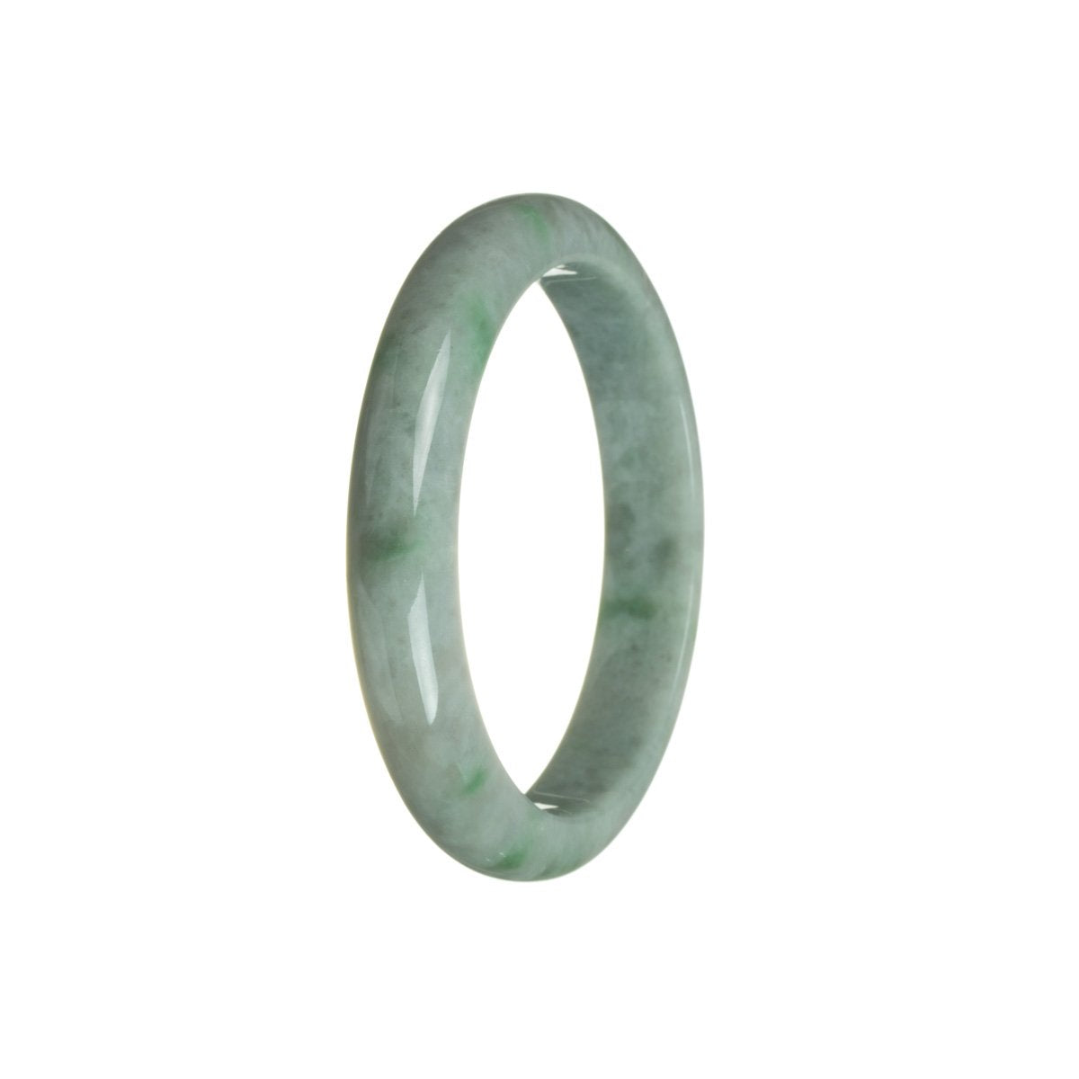 A close-up photo of a beautiful grey and green jadeite bracelet, featuring a half-moon shape. The bracelet has a high quality and is made with genuine grade A jadeite. It measures 57mm in size and is perfect for adding an elegant touch to any outfit. This bracelet is a stunning accessory from the brand MAYS.