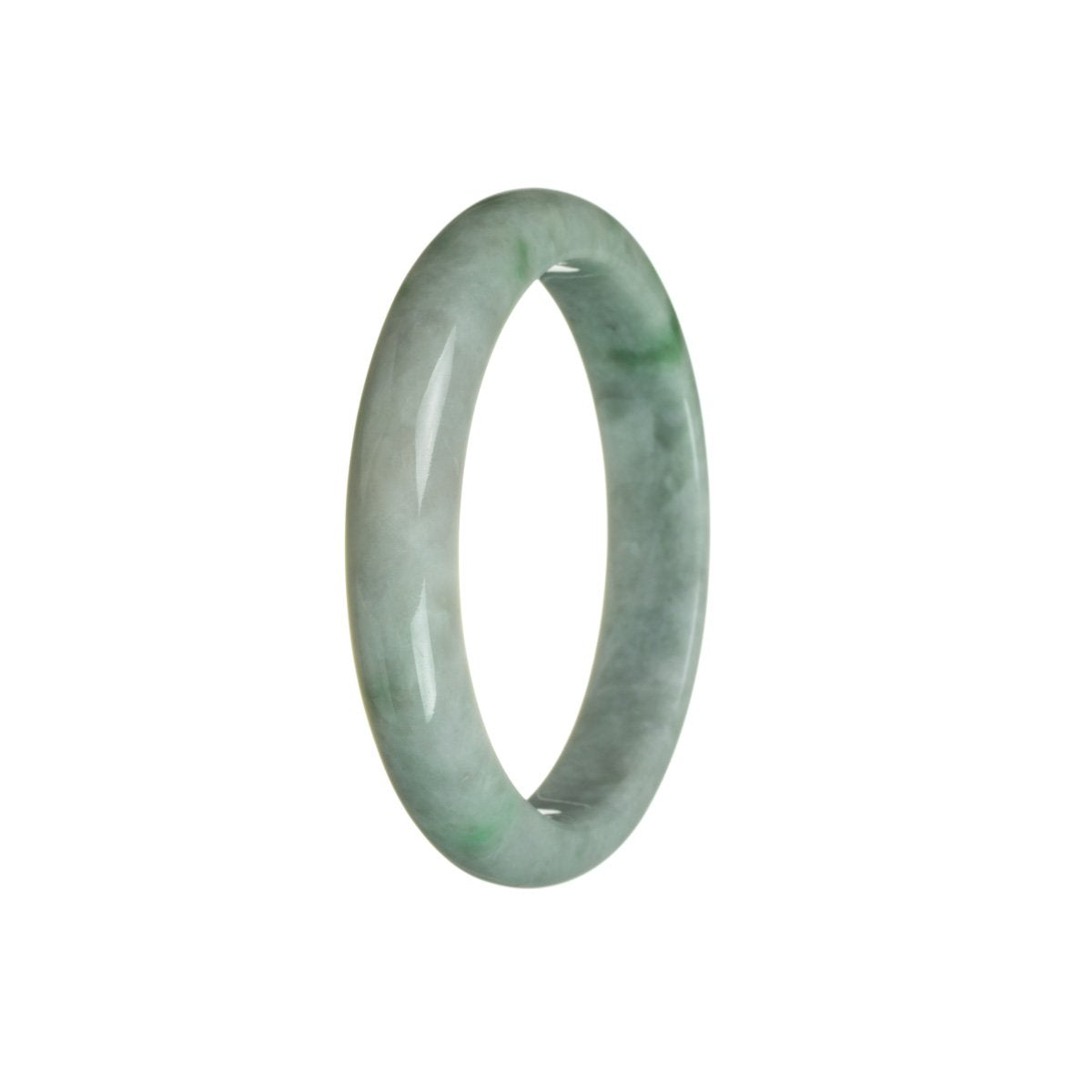 A close-up photo of a half-moon shaped bangle made of untreated grey with green Burma jade. The bangle is certified and measures 57mm in diameter. The jade has a smooth and polished surface, showcasing its natural beauty.