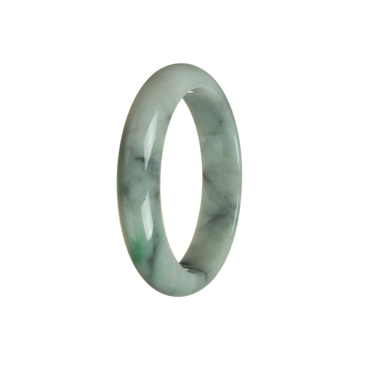 A close-up photo of a green and grey jade bangle with a half moon shape. Perfect for adding a touch of elegance to any outfit.