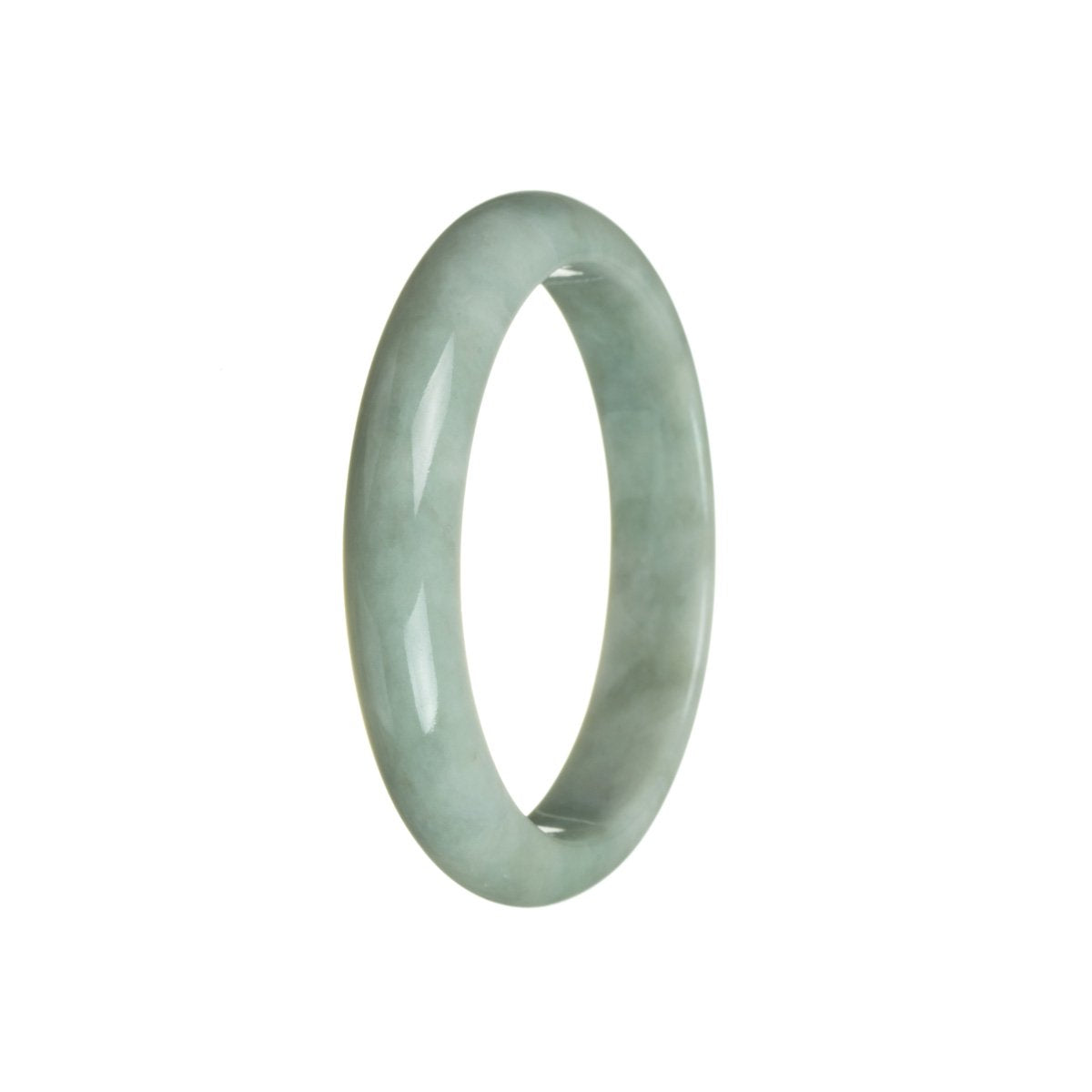 A beautiful half-moon shaped green jadeite bracelet, certified as 100% natural. The bracelet has a diameter of 59mm and is handcrafted by MAYS.