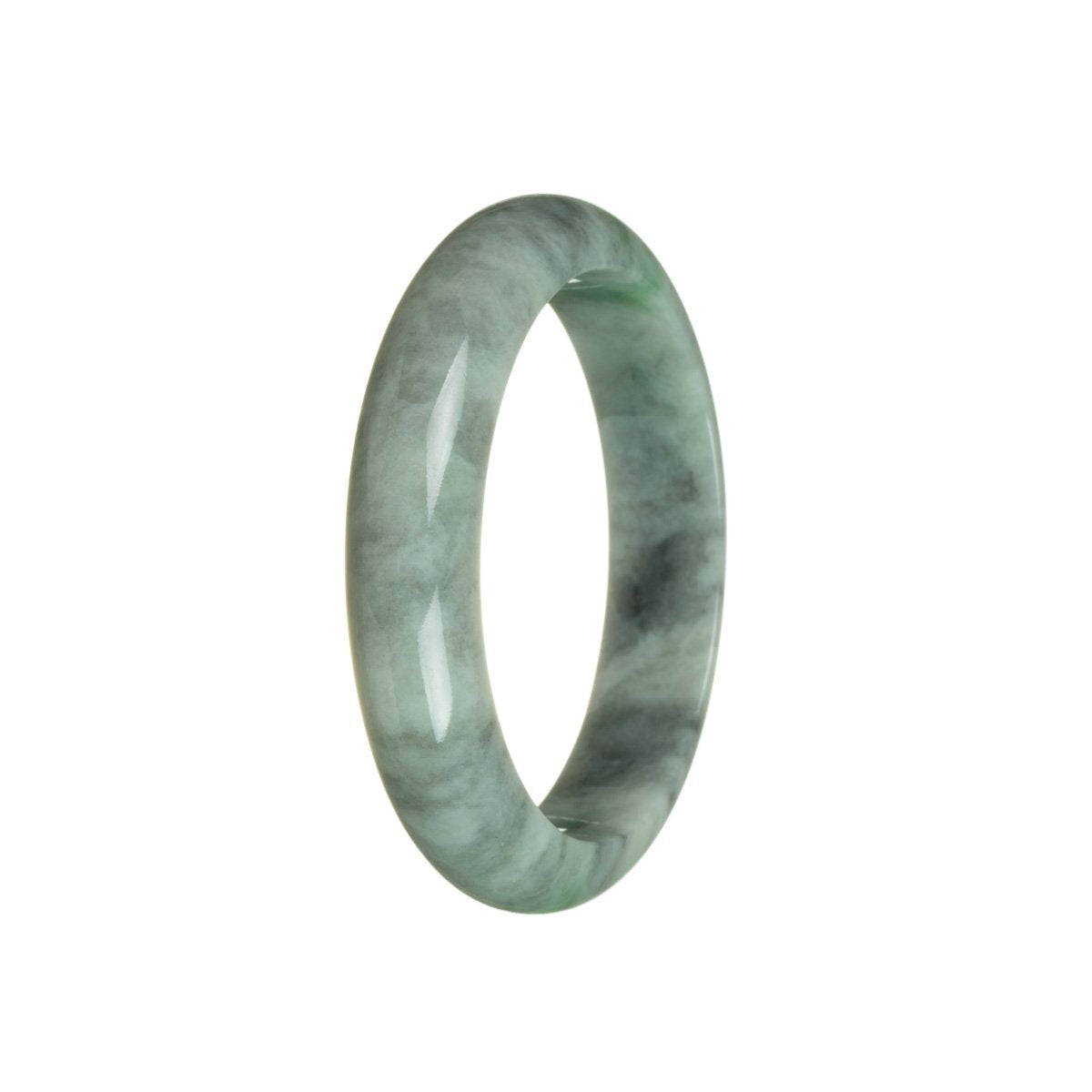 A half moon-shaped bangle bracelet made of genuine untreated green and grey Burma jade, showcasing its natural beauty.