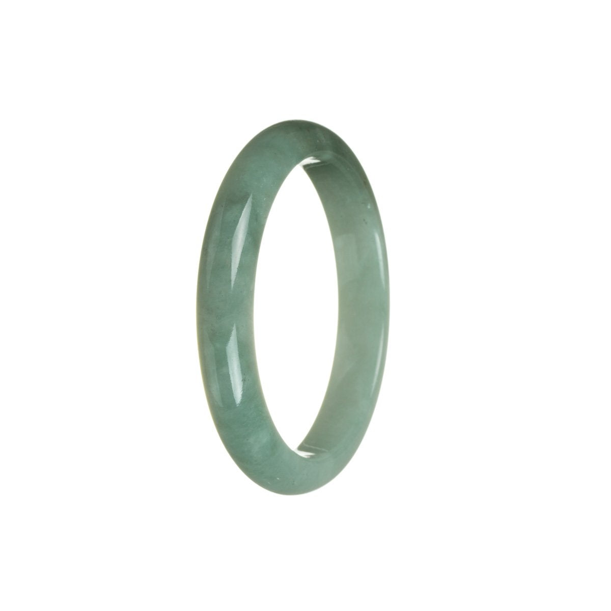 A close-up image of a half moon shaped green jade bangle bracelet. The bracelet is made of certified Type A green jade and has a diameter of 55mm. The brand name "MAYS" is engraved on the inner side of the bracelet.