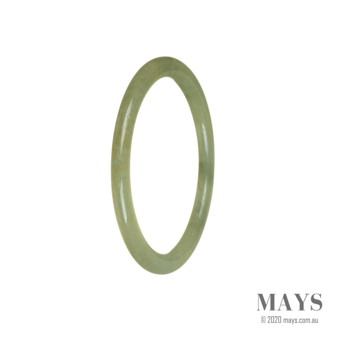A close-up photograph of a thin, 58mm jade bangle in a yellowish green color. The bangle is made of traditional jade and is certified as untreated. It is sold by MAYS GEMS.