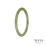A close-up photograph of a thin, 58mm jade bangle in a yellowish green color. The bangle is made of traditional jade and is certified as untreated. It is sold by MAYS GEMS.