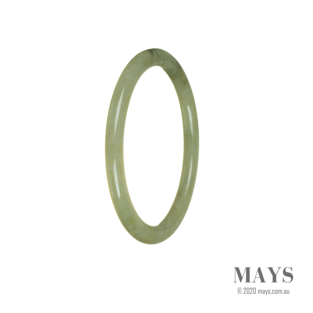 A thin, 58mm genuine Type A yellowish green jadeite jade bangle from MAYS GEMS.