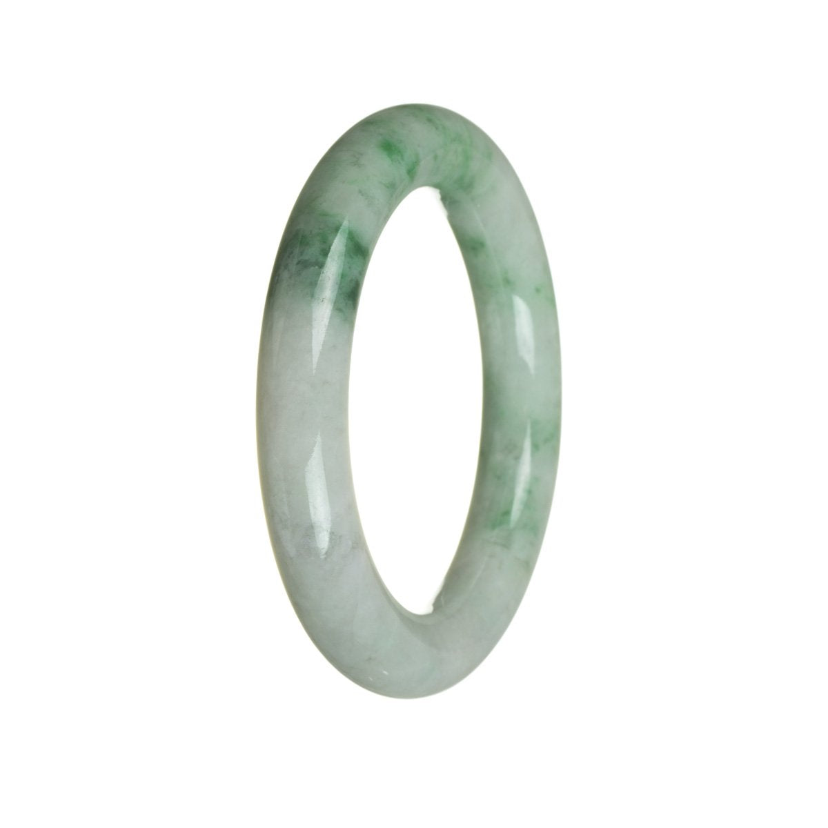 Close-up of a round, white jadeite bracelet with a smooth, polished surface. The bracelet is made of authentic Grade A white jadeite, known for its high quality and stunning beauty.