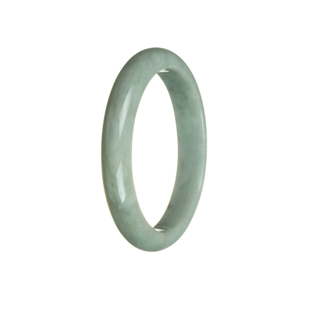 A stunning half moon shaped bangle bracelet made from genuine natural bluish green Burmese jade, measuring 59mm in size. A beautiful piece from MAYS GEMS.