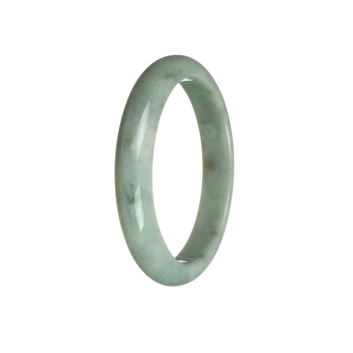 A close-up photo of a beautiful bluish green jadeite jade bangle bracelet with a half-moon shape. The bracelet is made of certified Grade A jade and has a diameter of 59mm. It is a stunning piece of jewelry from MAYS.