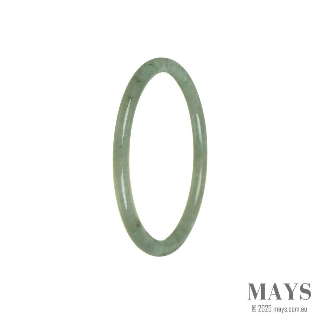 A thin green Burmese jade bracelet with an authentic Grade A quality. The bracelet has a diameter of 56mm and is made by MAYS.