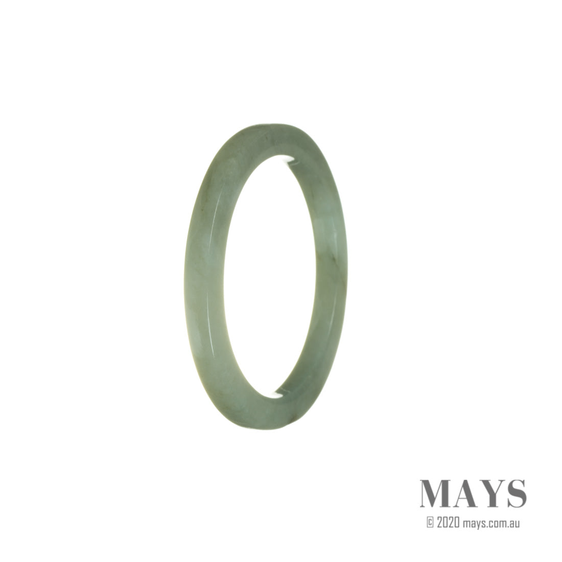 A close-up photo of a beautiful green jade bangle, oval in shape and measuring 53mm in diameter. The jade appears untreated and has a natural, authentic look. It is a stunning piece of jewelry from the brand MAYS.