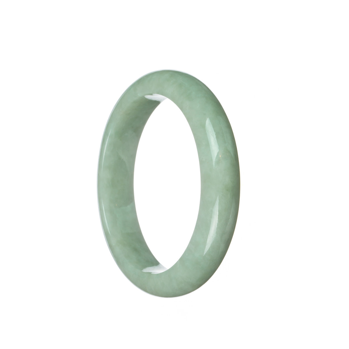 A beautiful light green Burma Jade bangle, featuring a half moon design, measuring 58mm in diameter. Perfect for adding a touch of elegance to any outfit.