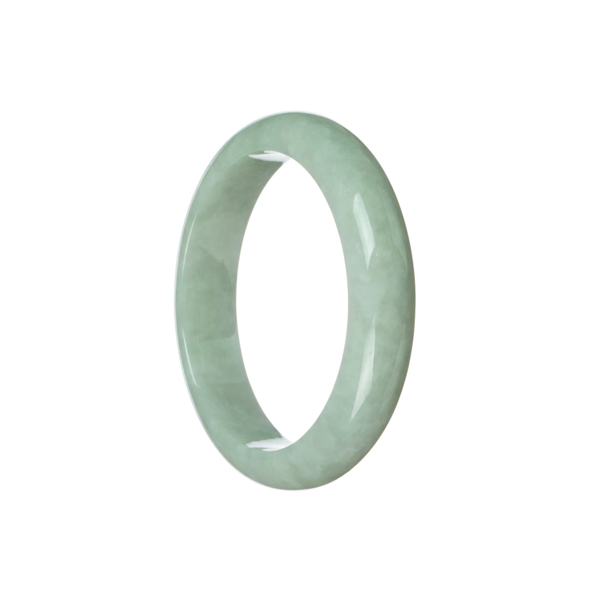 A close-up image of a pale green traditional jade bangle, certified as Type A. The bangle has a 57mm circumference and is shaped like a half moon. It is sold by MAYS.