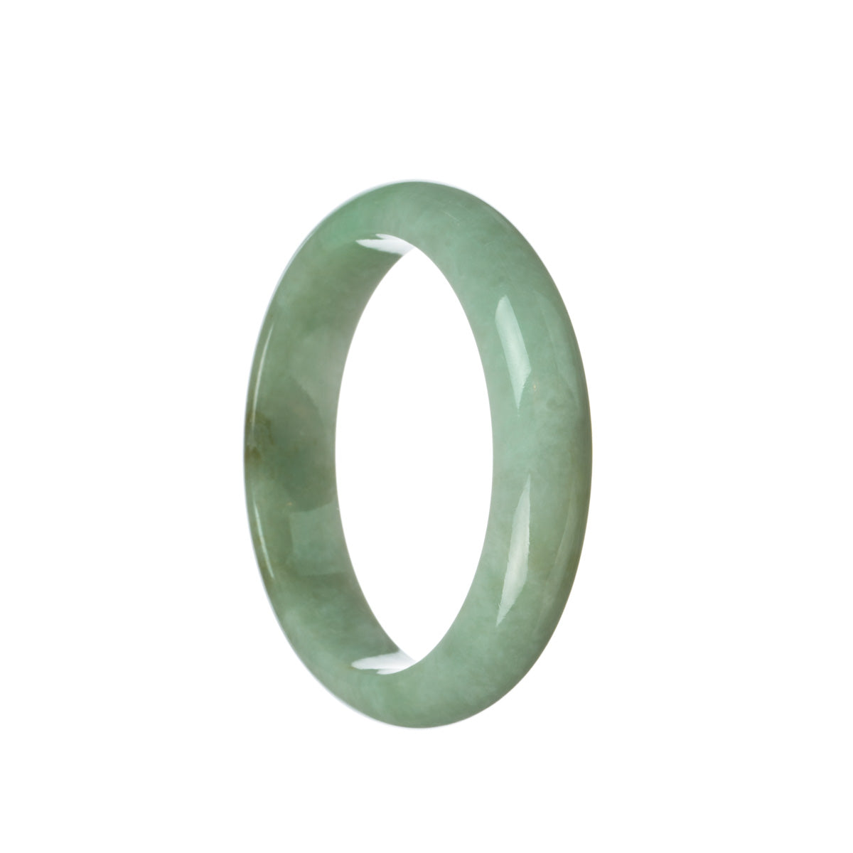 A light green half moon-shaped jade bangle bracelet with a 58mm diameter.