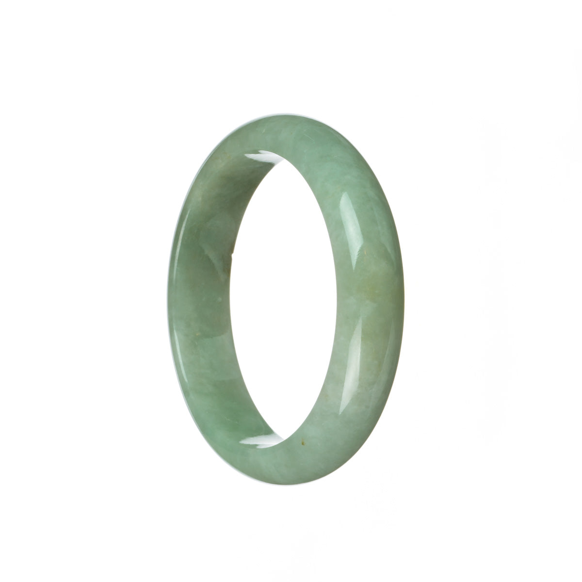 A beautiful half moon shaped bracelet made of genuine natural light green Burmese jade, measuring 58mm in size. Perfect for adding a touch of elegance to any outfit.