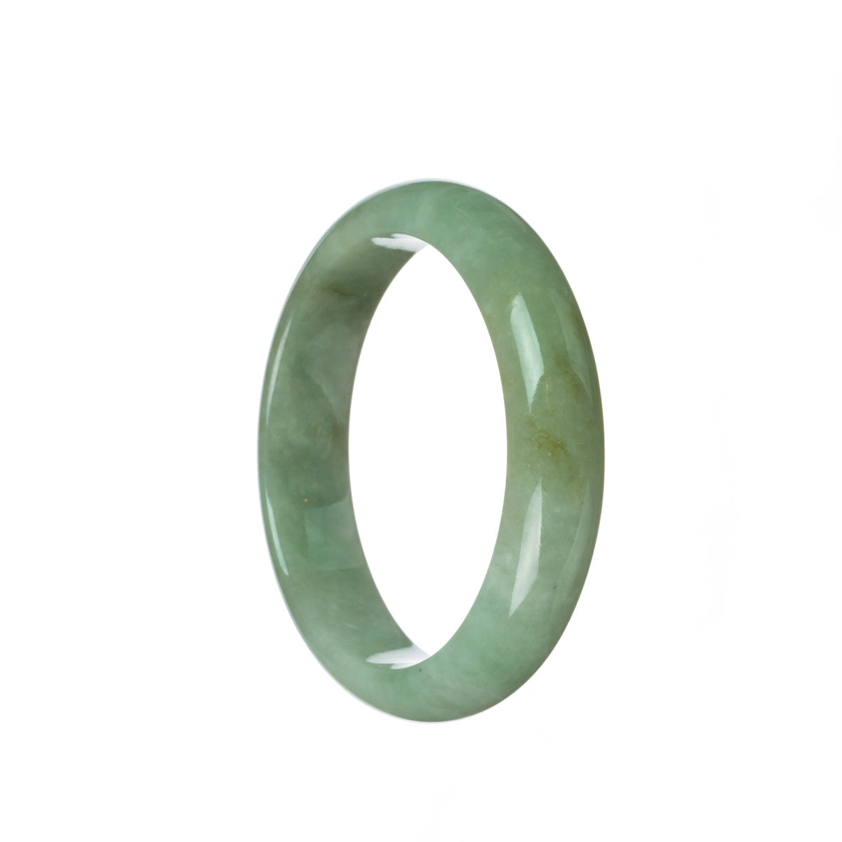 A beautiful half moon-shaped bangle made of genuine untreated green Burmese jade, measuring 57mm in diameter. The bangle is a stunning piece of jewelry from MAYS.