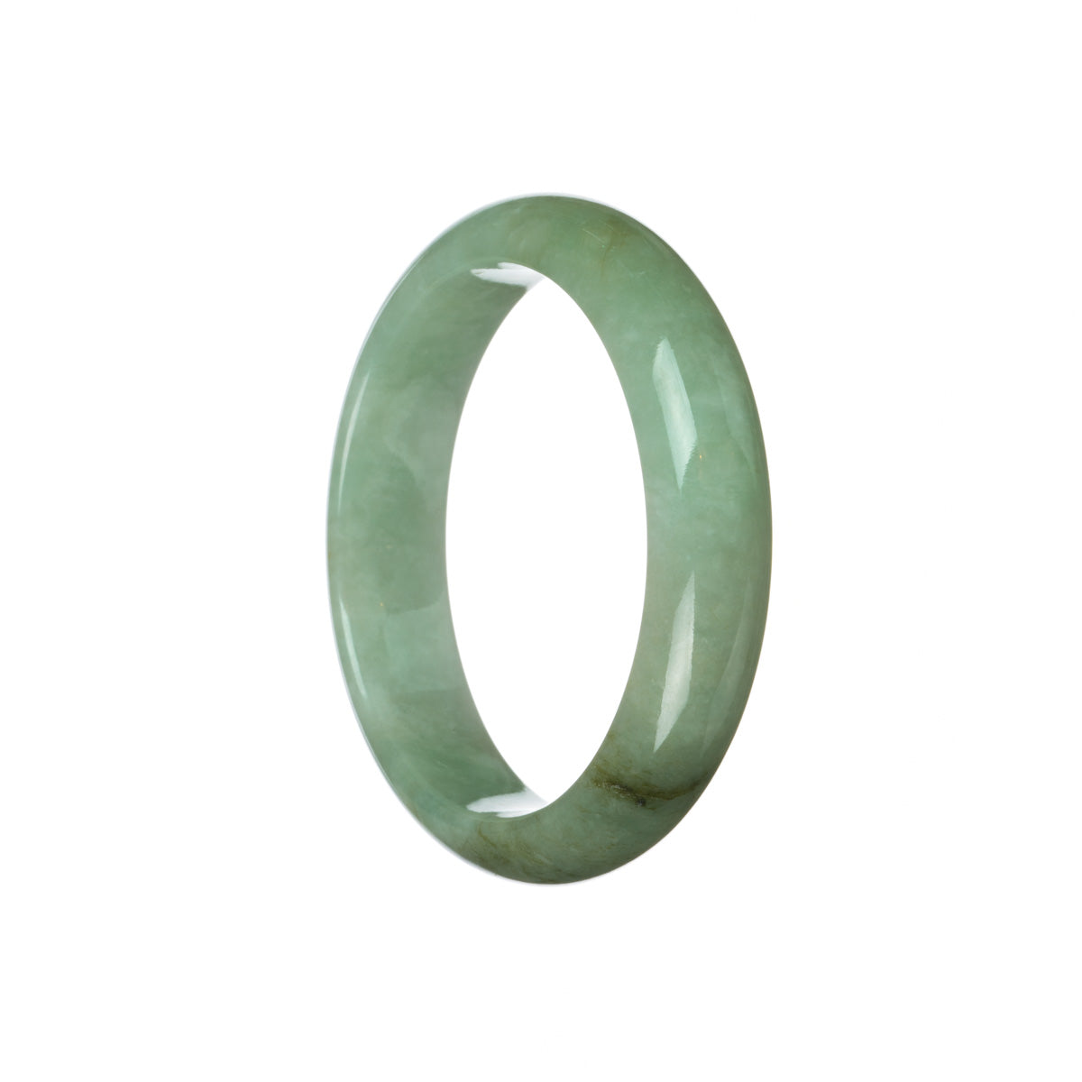 An elegant half moon-shaped green jadeite jade bangle, measuring 57mm in diameter, perfect for adding a touch of natural beauty to any outfit.