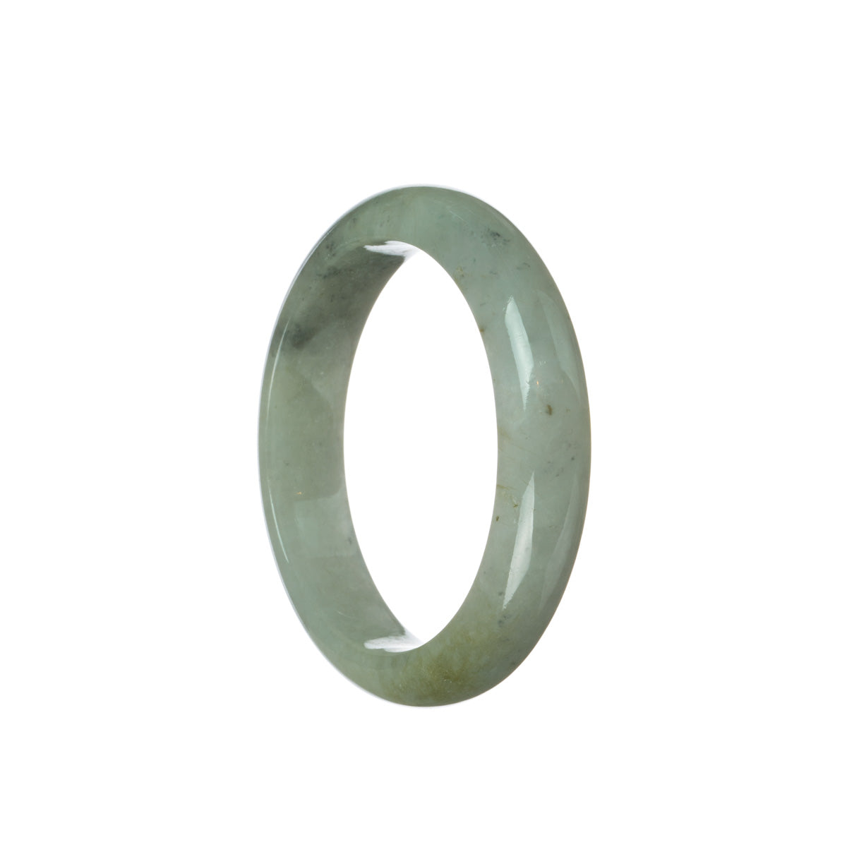 An elegant light grey jadeite bangle bracelet with a semi-round shape, measuring 55mm in diameter. Made from authentic grade A jadeite, this bracelet from MAYS is a timeless and sophisticated accessory.