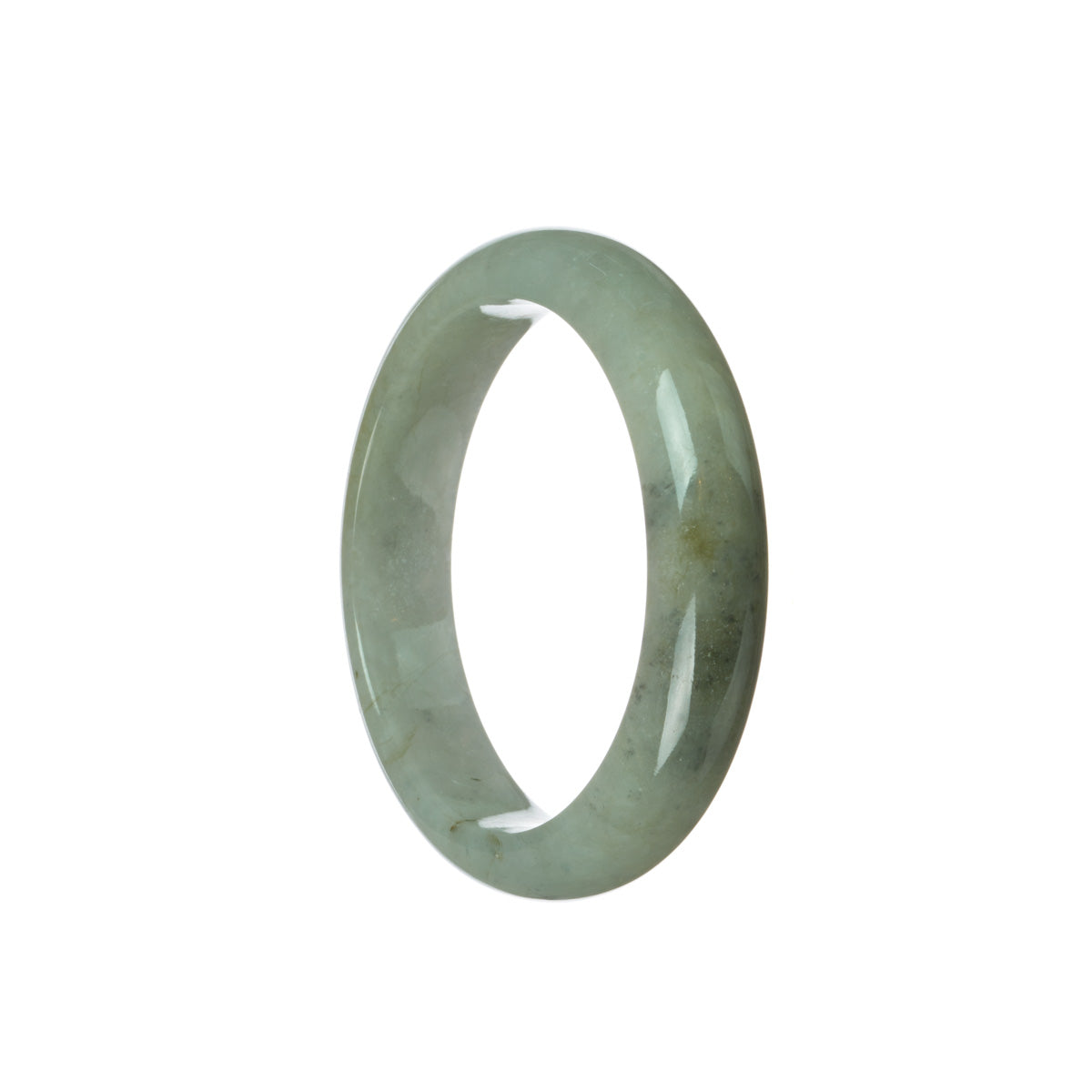 A close-up image of a light grey Burma Jade bangle with a smooth, semi-round shape. The bangle has a high-quality grade A rating and measures 55mm in diameter.