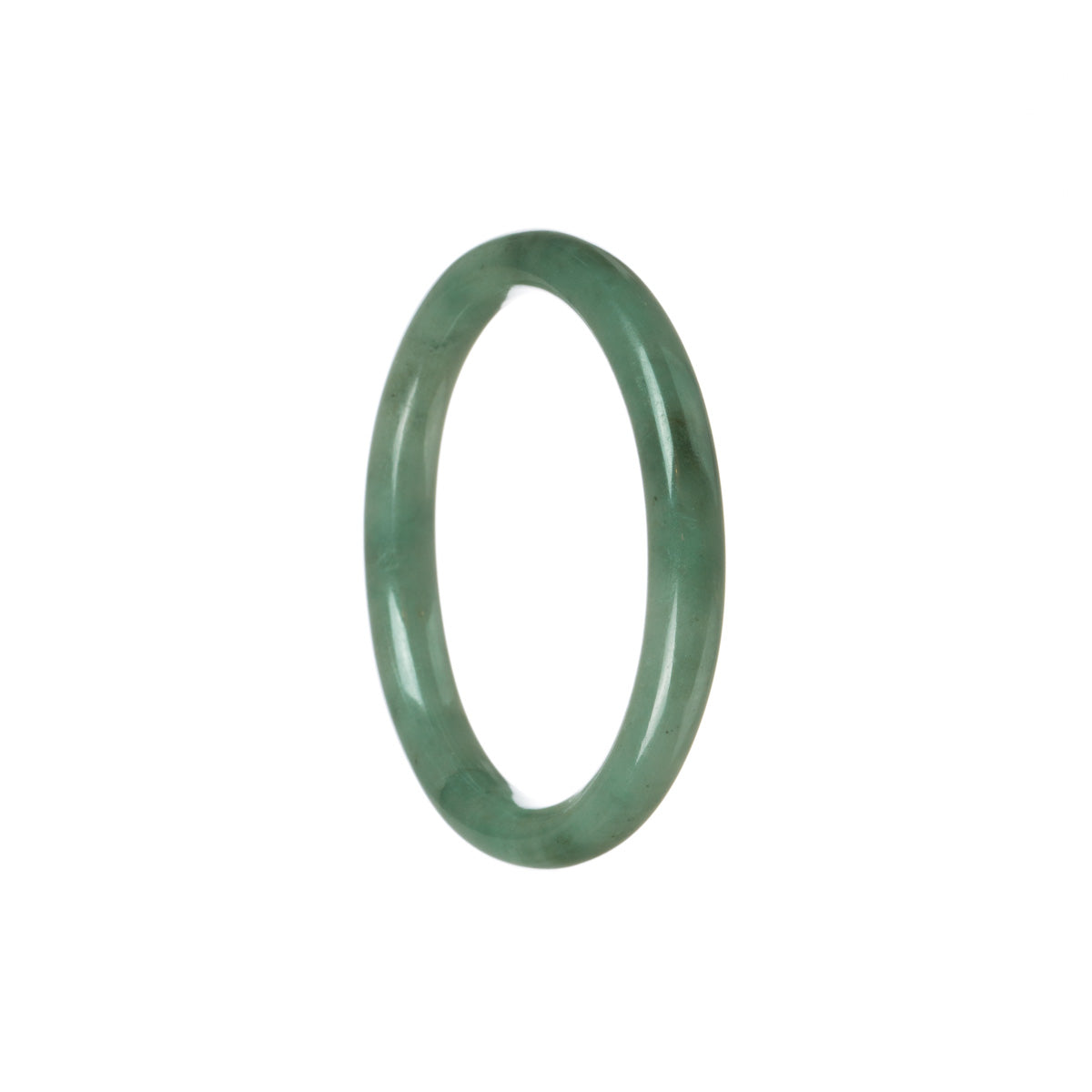 Image of a certified Grade A greyish green jadeite bangle with an oval shape, measuring 53mm. This elegant piece of jewelry is crafted by MAYS™, showcasing the natural beauty and quality of jadeite.