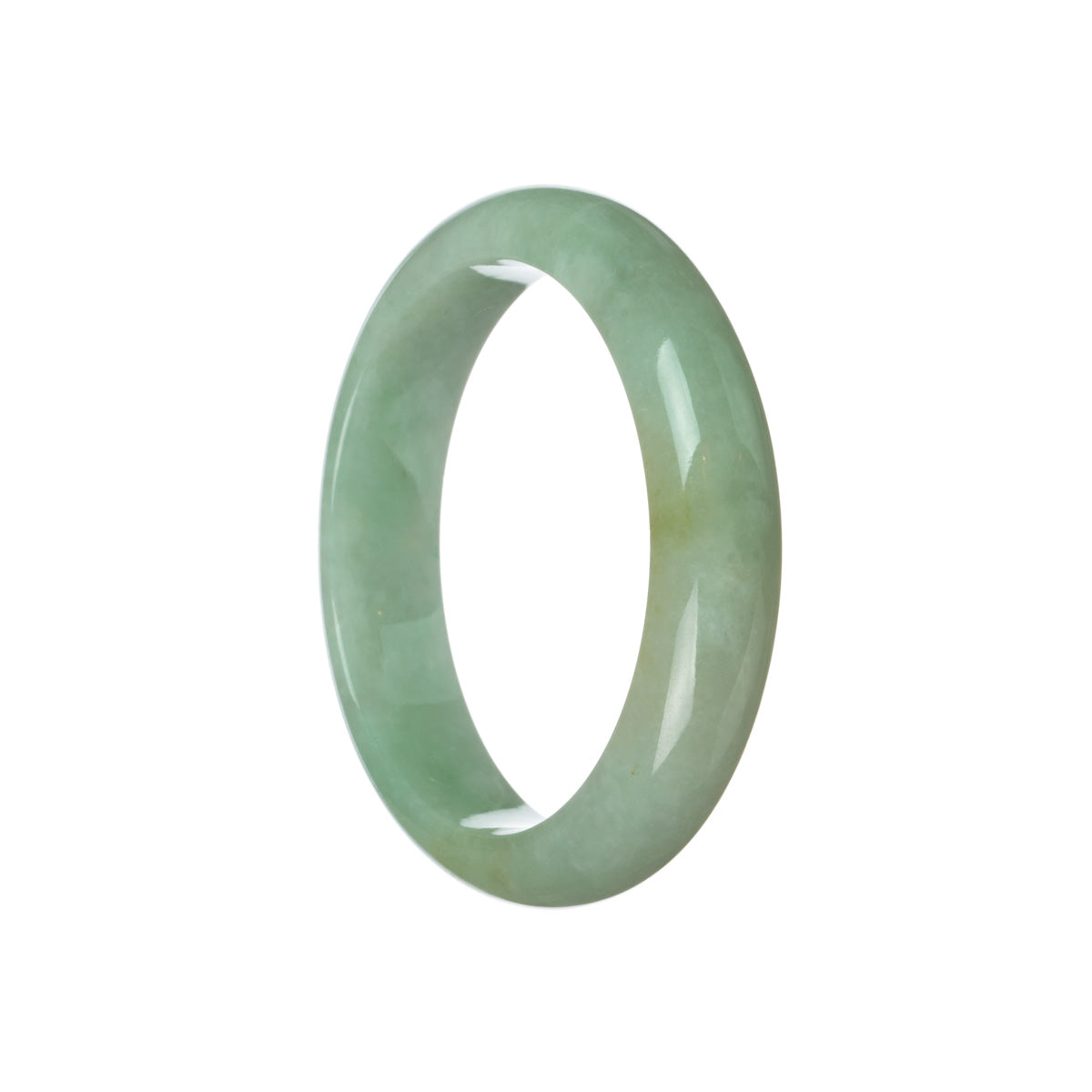 A half-moon shaped, untreated green traditional jade bangle bracelet, certified and measuring 59mm. A beautiful and authentic piece from MAYS GEMS.