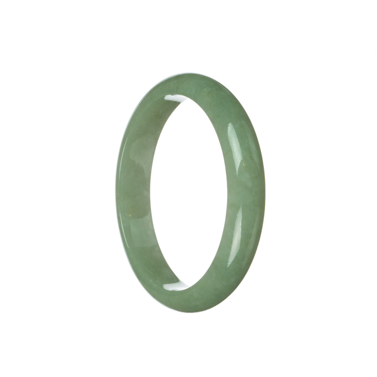 A close-up photo of an elegant green jadeite bracelet. The bracelet features a half-moon shape and is 59mm in size. The vibrant green color of the jadeite is beautifully showcased, highlighting its authenticity and high grade. Perfect for adding a touch of sophistication to any outfit.