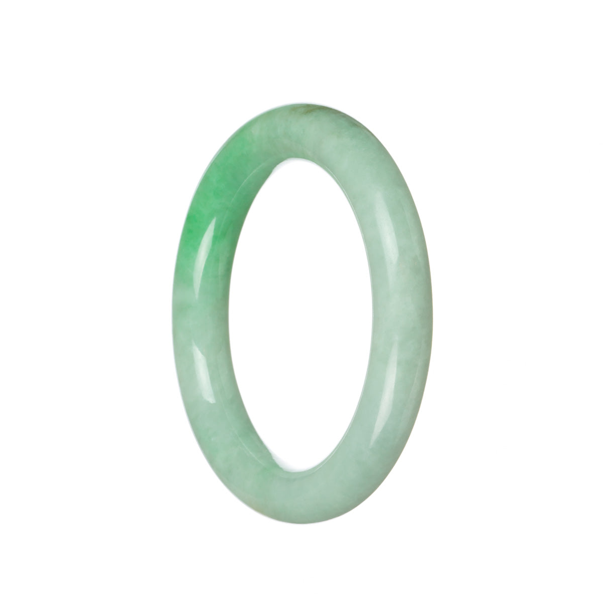 A close-up photo of a stunning emerald green Burma Jade bangle. The bangle is in the shape of a half moon and has a diameter of 58mm. It is certified Grade A and exhibits a beautiful, smooth texture. The rich green color of the jade is captivating and exudes elegance. Crafted with precision and quality, this bangle from MAYS™ is a true gemstone masterpiece.