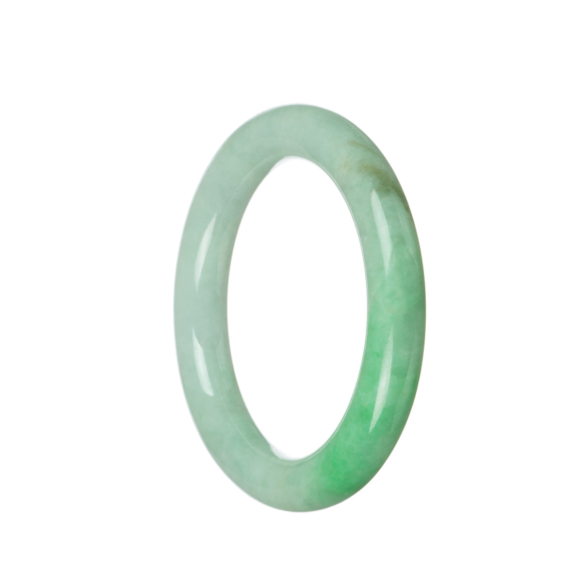 A close-up of a real untreated emerald green traditional jade bangle with a 58mm diameter, shaped like a half moon.