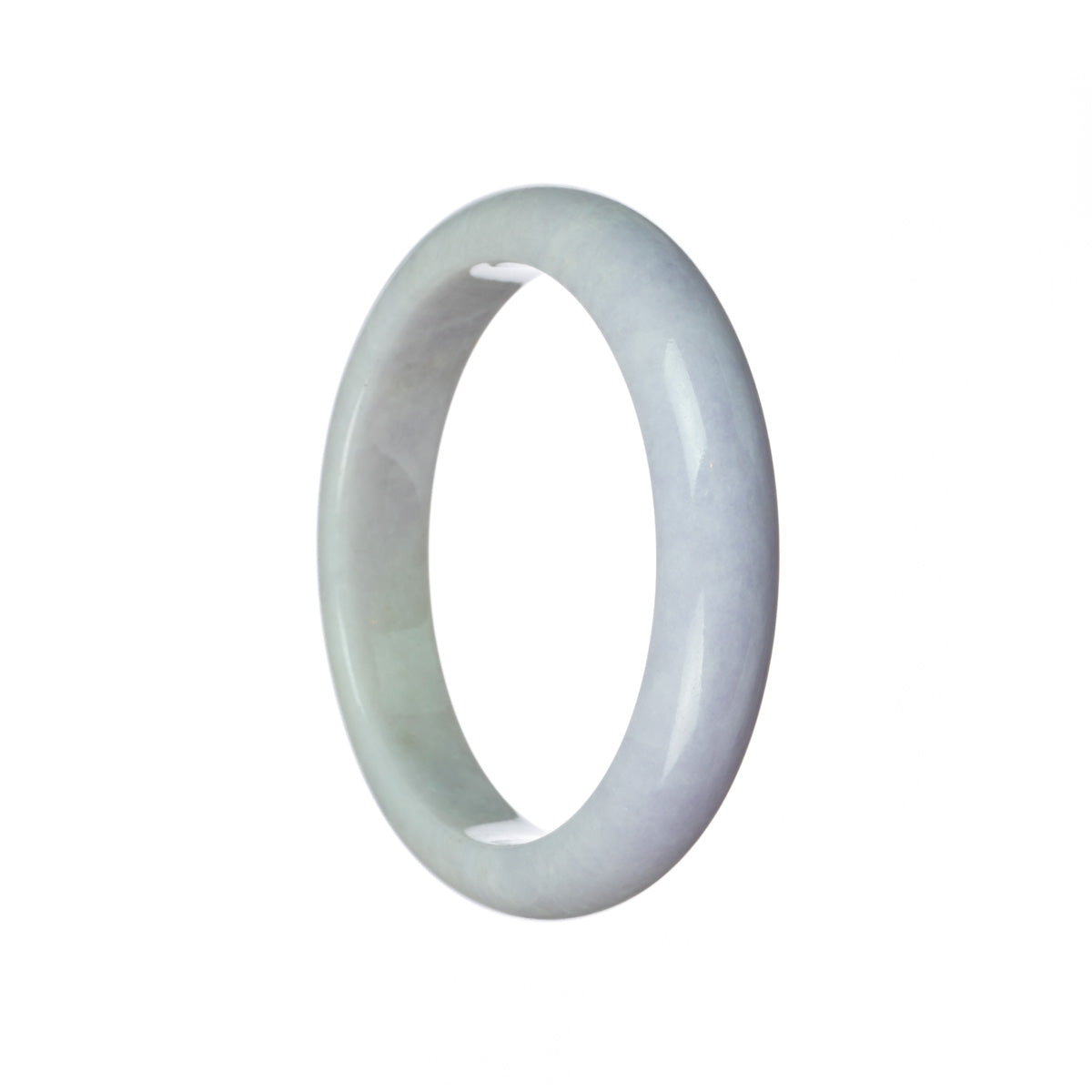A close-up image of a lavender Burmese jade bangle with a half moon shape, measuring 60mm in diameter. The bangle has a genuine Type A certification and is from MAYS™.