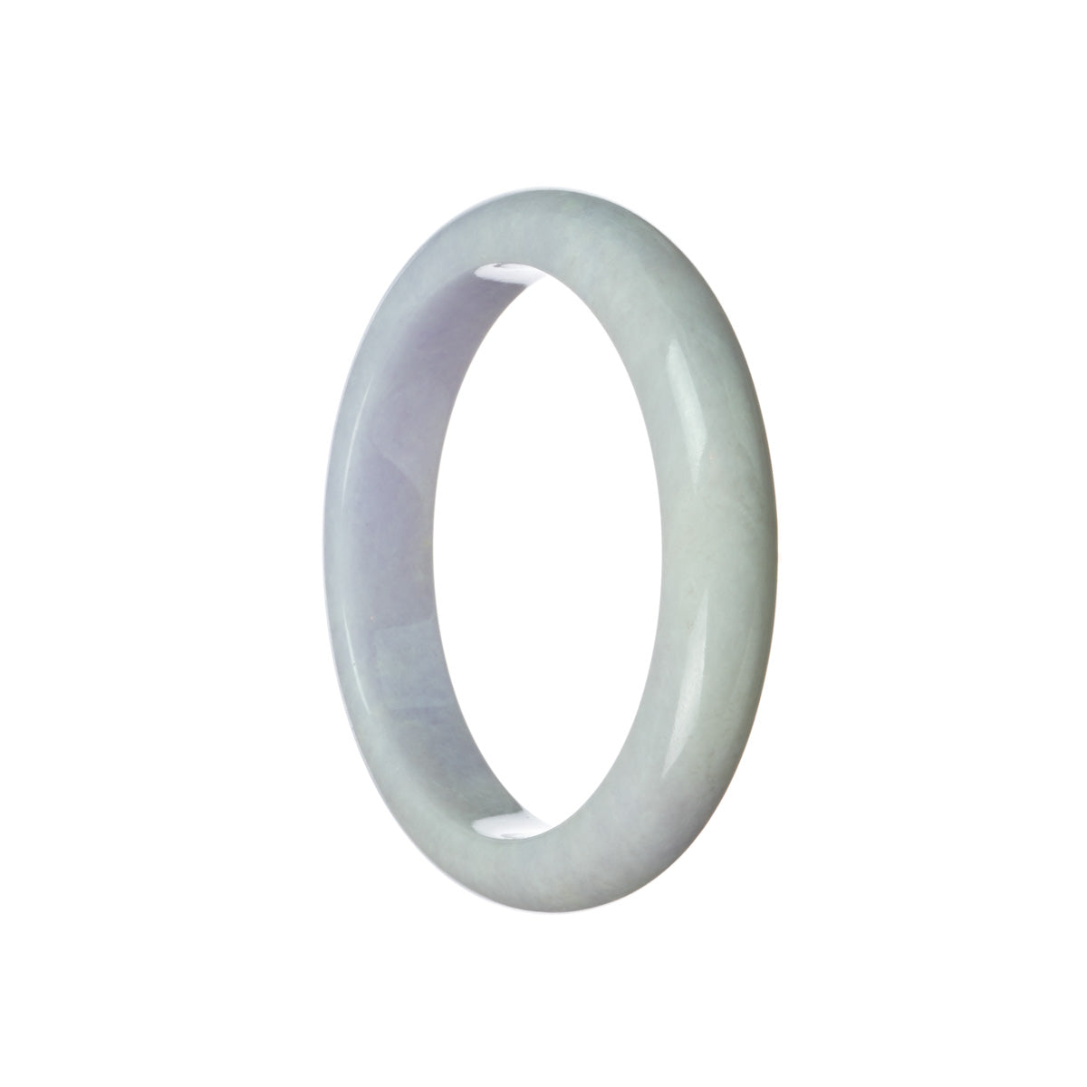 A lavender jade bangle bracelet with a half moon shape, measuring 60mm in size. Certified Type A quality.