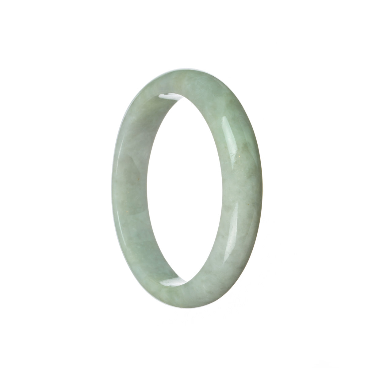 A half moon-shaped, untreated green jadeite bangle, measuring 59mm in size.