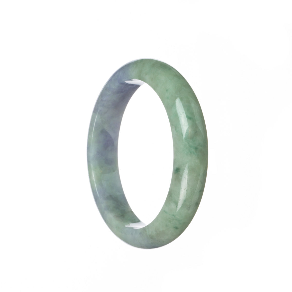A lavender and green Burma jade bracelet in a half-moon shape, made with genuine Grade A stones.