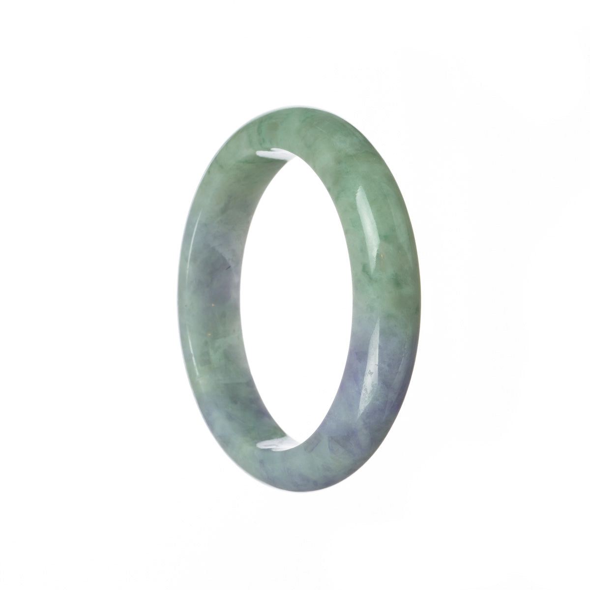 A lavender and green jade bracelet in a half moon shape, certified as Grade A by Mays Gems.