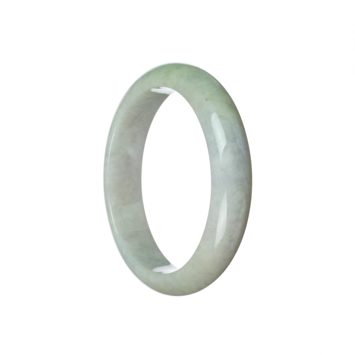 An image of a lavender-colored Burmese Jade Bangle with a half-moon shape. This bangle is certified as Grade A quality and measures 59mm in size. It is offered by MAYS GEMS.
