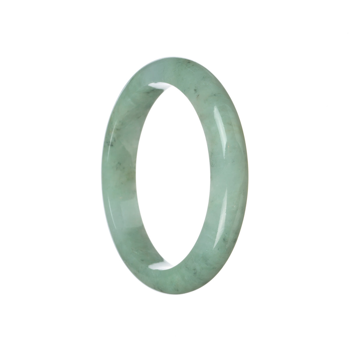 A close-up image of an authentic Burmese Jade Bangle Bracelet with a light grey color and grey spots. The bracelet has a semi-round shape with a diameter of 60mm. Designed by MAYS™, this piece showcases the natural beauty of Burmese Jade.